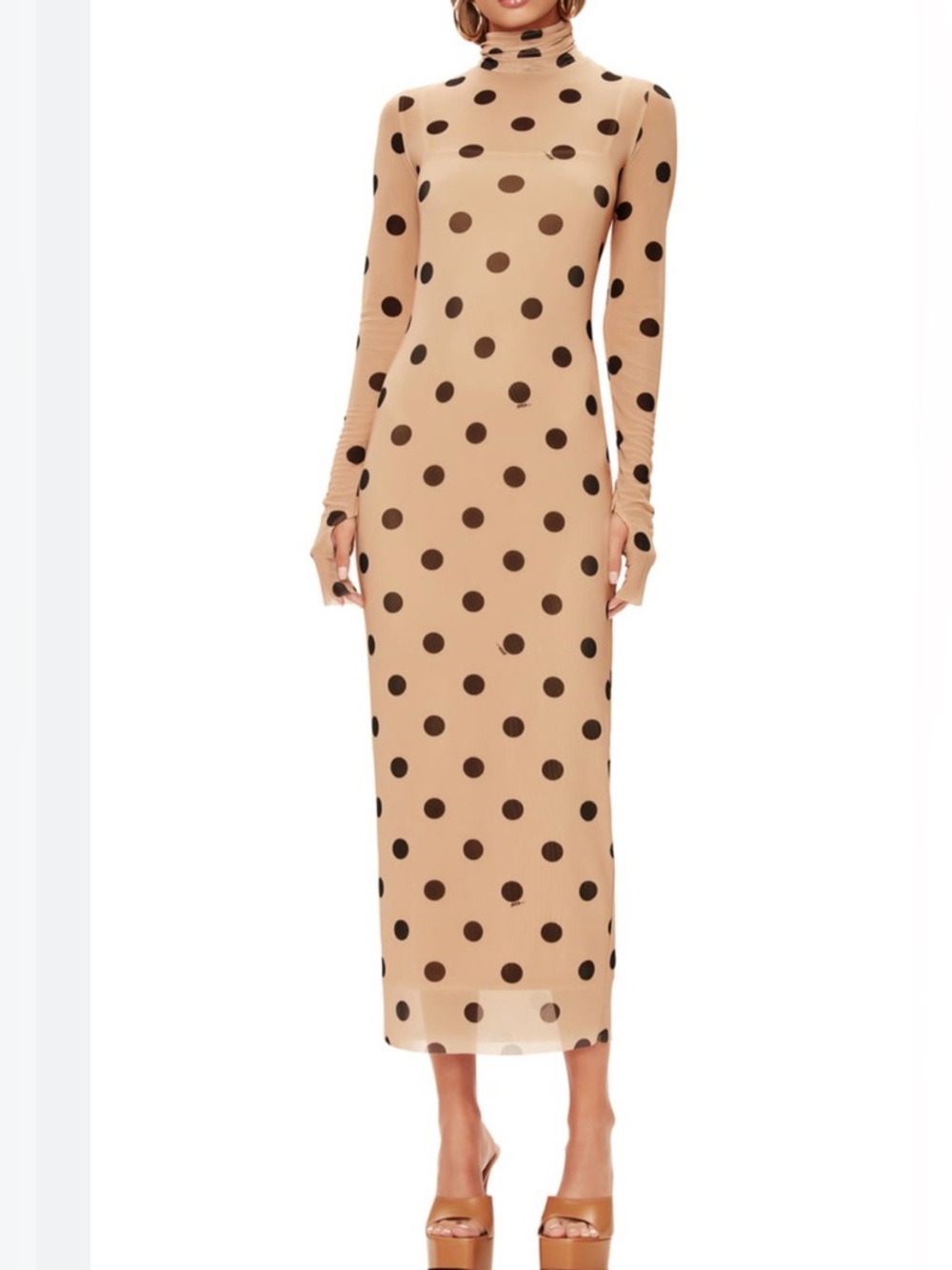 AFRM (Revolve) Beige Long Sleeve Polka Dot Midi Dress